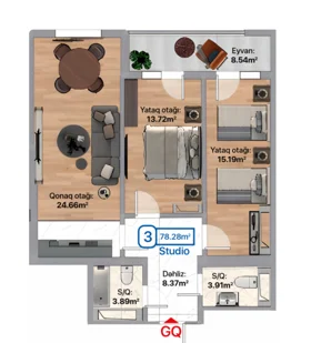 Kirayə 2 otaq mənzil 78.3m² , Bakı , Abşeron 